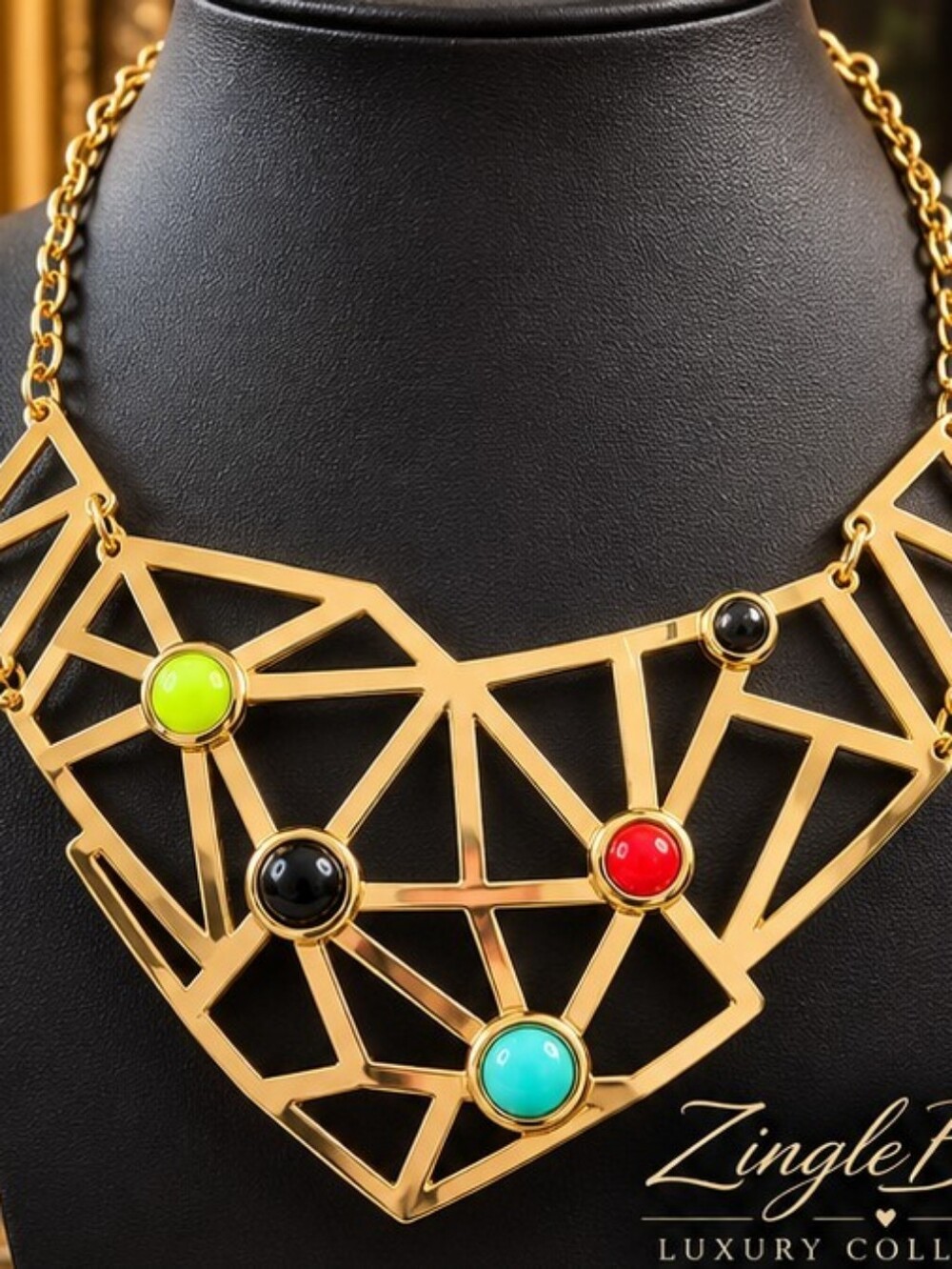 FCI Gold Tone Geometric Bib Statement Necklace Multicolor NOC
